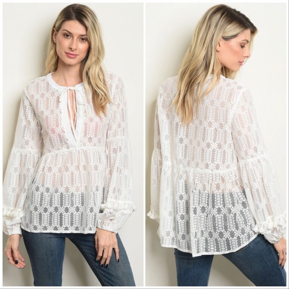 FLASH SALE !  Off White Tie Neck Boho Blouse - Picture 1 of 16